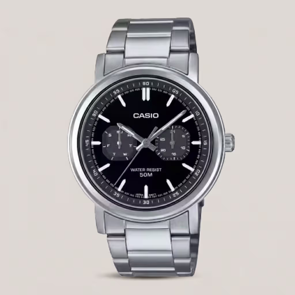 Casio MTP-E335D-1E black dial analog stainless steel watch with twin subdials for day and date, and 50-meter water resistance.