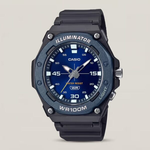 Casio MW-620H-2AV analog sports watch in navy blue with LED light, resin band, and 100-meter water resistance.