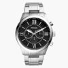 Fossil men's classic dress watch in black chronograph dial and silver steel chain