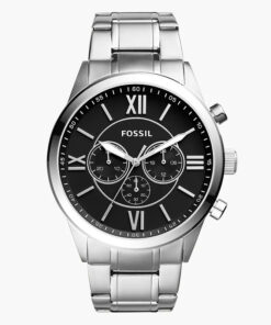 Fossil men's classic dress watch in black chronograph dial and silver steel chain