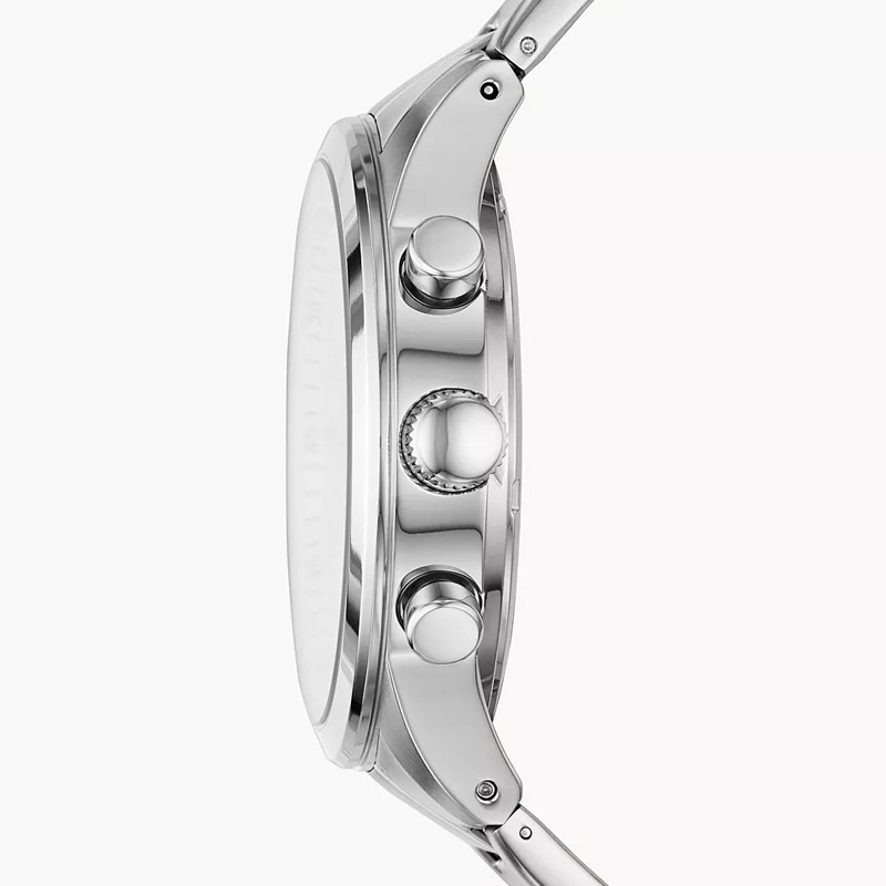 Side Buckle view of Fossil men's classic wrist watch in silver chain black dial
