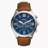 Fossil men's dress watch in brown leather strap and blue chronograph dial