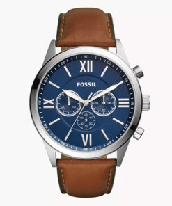 Fossil men's dress watch in brown leather strap and blue chronograph dial