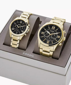 Fossil pair gift watch in golden chain and black chronograph dial