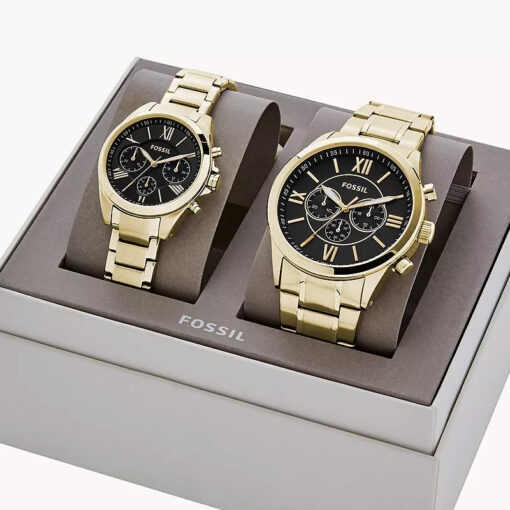 Fossil pair gift watch in golden chain and black chronograph dial