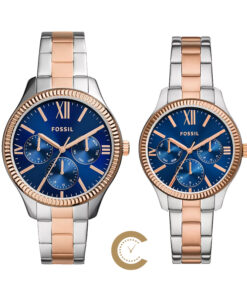 Fossil pair gift watch in blue dial and rose gold silver chain