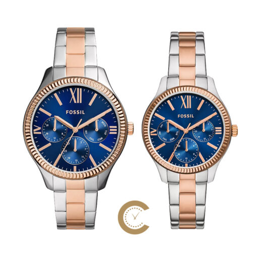 Fossil pair gift watch in blue dial and rose gold silver chain