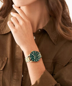 Fossil green dial and golden chain gift watch for women