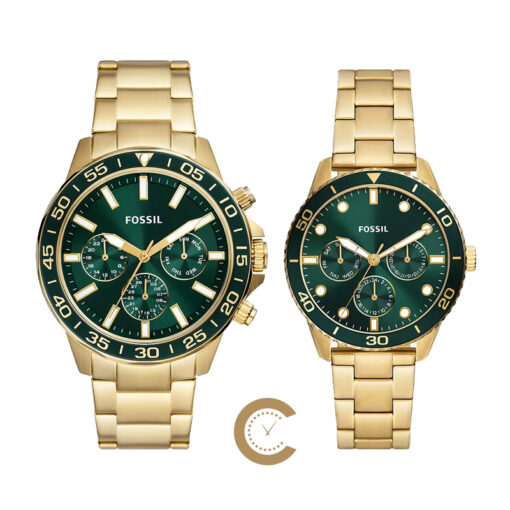 Fossil green dial golden chain gift watch set