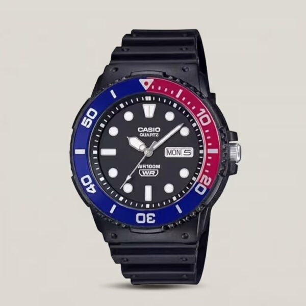 Casio MRW-230H-1E2V men’s analog watch with red and blue bezel, 100m water resistant – WatchCentre.PK