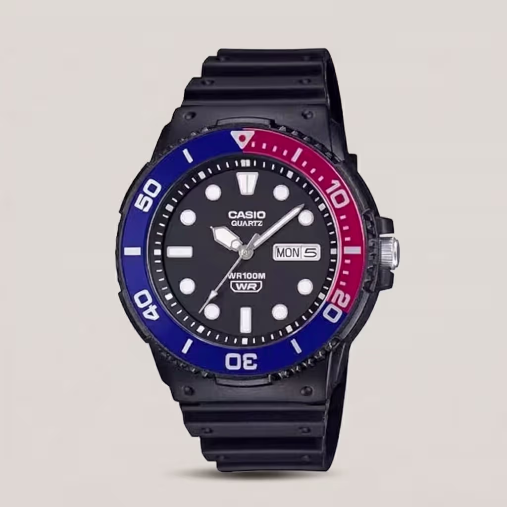 Casio MRW-230H-1E2V men’s analog watch with red and blue bezel, 100m water resistant – WatchCentre.PK