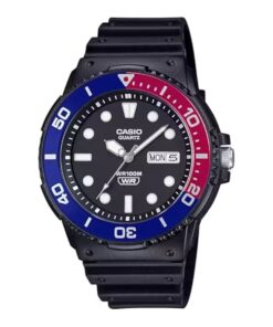 Casio MRW-230H-1E2V men’s analog watch with red and blue bezel, 100m water resistant – WatchCentre.PK