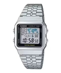 Casio A-500WA-1D retro digital watch with world map display, stainless steel band, world time, countdown timer, and amber LED backlight.