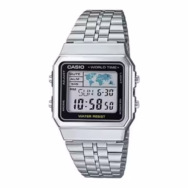 Casio A-500WA-1D retro digital watch with world map display, stainless steel band, world time, countdown timer, and amber LED backlight.