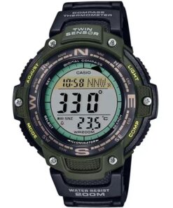 Casio SGW100-3AV rugged digital watch with compass, thermometer, and 200m water resistance – green resin band and dual display.