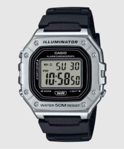 Casio W-218HM-7AV white resin digital watch with square display and amber LED light.
