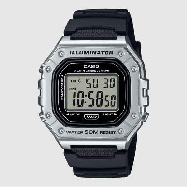 Casio W-218HM-7AV white resin digital watch with square display and amber LED light.
