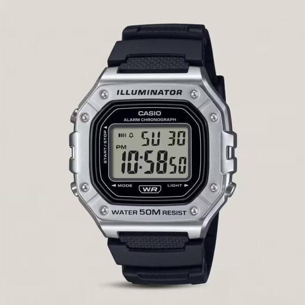 Casio W-218HM-7AV white resin digital watch with square display and amber LED light.