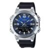 Casio AMW-870A-2AV analog-digital watch with blue dial, stainless steel bezel, resin strap, Telememo feature, and 10-year battery life.