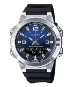 Casio AMW-870A-2AV analog-digital watch with blue dial, stainless steel bezel, resin strap, Telememo feature, and 10-year battery life.
