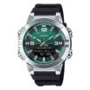 Casio AMW-870A-3AV analog-digital watch with green dial, stainless steel case, resin band, and world time functionality.
