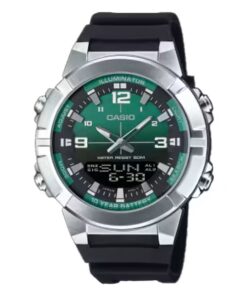 Casio AMW-870A-3AV analog-digital watch with green dial, stainless steel case, resin band, and world time functionality.