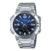 Casio AMW-870DA-2A1V analog-digital watch with stainless steel band, blue dial, world time, and Telememo contact memory.
