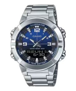 Casio AMW-870DA-2A1V analog-digital watch with stainless steel band, blue dial, world time, and Telememo contact memory.