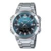 Casio AMW-870DA-2A2 analog-digital watch with deep blue dial, stainless steel band, world time, and Telememo contact memory.