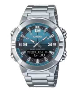 Casio AMW-870DA-2A2 analog-digital watch with deep blue dial, stainless steel band, world time, and Telememo contact memory.