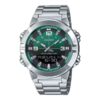 Casio AMW-870DA-3AV analog-digital watch with green dial, stainless steel band, Telememo storage, and world time features.