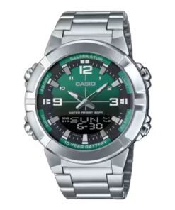 Casio AMW-870DA-3AV analog-digital watch with green dial, stainless steel band, Telememo storage, and world time features.
