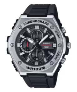 Casio MWA-300H-1AV analog chronograph-style watch with black dial, stopwatch sub-dials, resin band, and 100-meter water resistance.