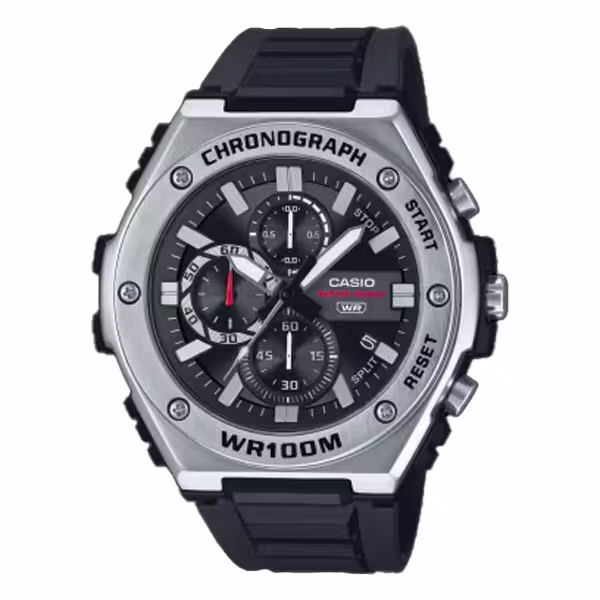 Casio MWA-300H-1AV analog chronograph-style watch with black dial, stopwatch sub-dials, resin band, and 100-meter water resistance.