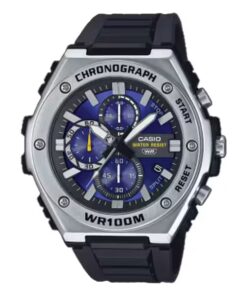 Casio MWA-300H-2A analog watch with sporty blue dial, chronograph sub-dials, resin band, and 100M water resistance.