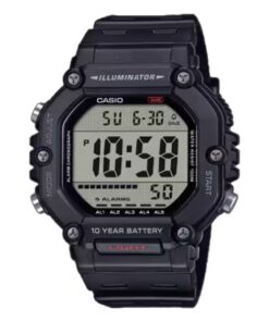 Casio AE-1600H-1A black digital watch with oversized case, dual time, countdown timer, and amber LED backlight.