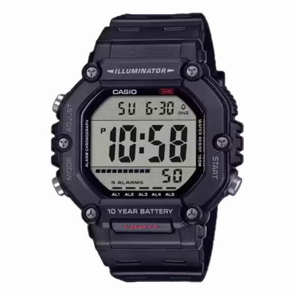 Casio AE-1600H-1A black digital watch with oversized case, dual time, countdown timer, and amber LED backlight.