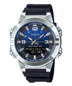 Casio AMW-870A-2AV analog-digital watch with blue dial, stainless steel bezel, resin strap, Telememo feature, and 10-year battery life.