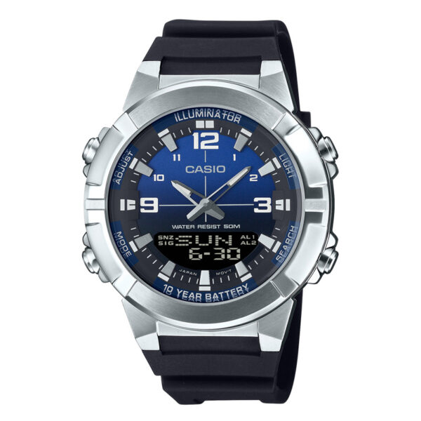 Casio AMW-870A-2AV analog-digital watch with blue dial, stainless steel bezel, resin strap, Telememo feature, and 10-year battery life.