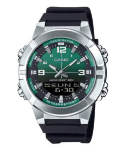 Casio AMW-870A-3AV analog-digital watch with green dial, stainless steel case, resin band, and world time functionality.