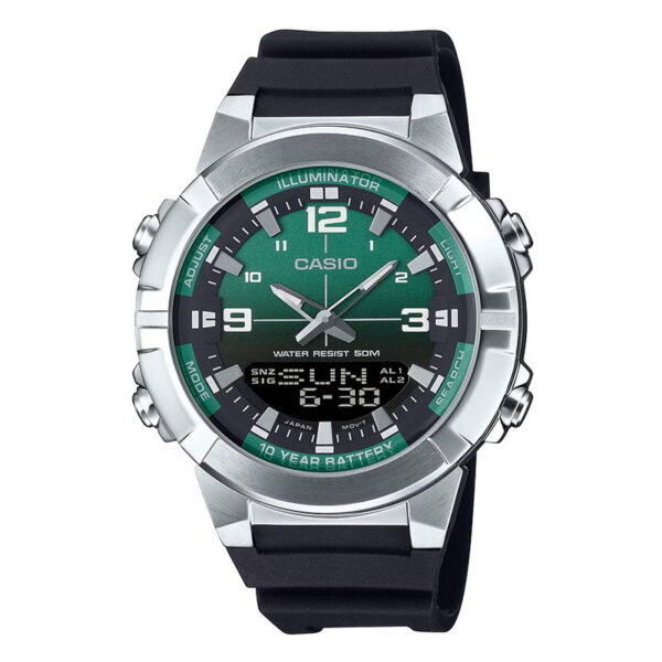 Casio AMW-870A-3AV analog-digital watch with green dial, stainless steel case, resin band, and world time functionality.