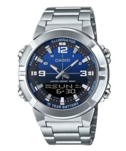 Casio AMW-870DA-2A1V analog-digital watch with stainless steel band, blue dial, world time, and Telememo contact memory.