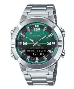 Casio AMW-870DA-3AV analog-digital watch with green dial, stainless steel band, Telememo storage, and world time features.