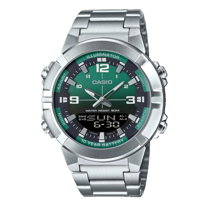 Casio AMW-870DA-3AV analog-digital watch with green dial, stainless steel band, Telememo storage, and world time features.