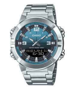 Casio AMW-870DA-2A2 analog-digital watch with deep blue dial, stainless steel band, world time, and Telememo contact memory.