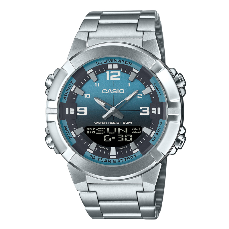 Casio AMW-870DA-2A2 analog-digital watch with deep blue dial, stainless steel band, world time, and Telememo contact memory.