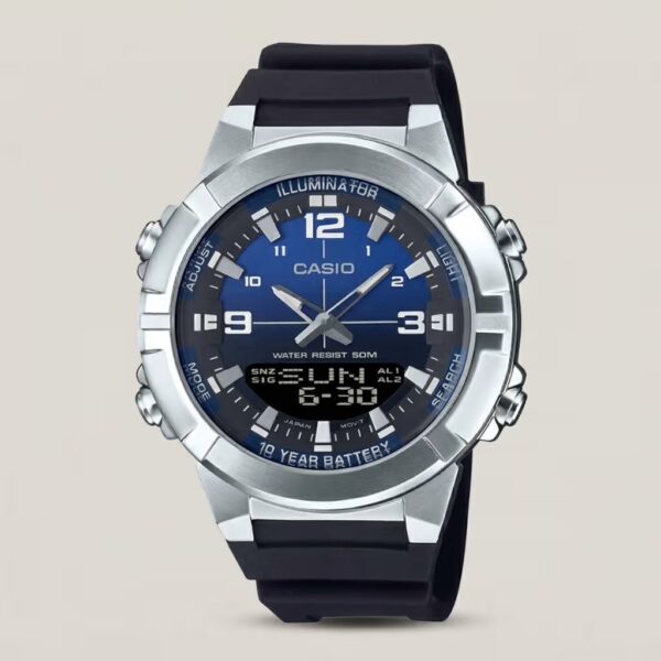 Casio AMW-870A-2AV analog-digital watch with blue dial, stainless steel bezel, resin strap, Telememo feature, and 10-year battery life.