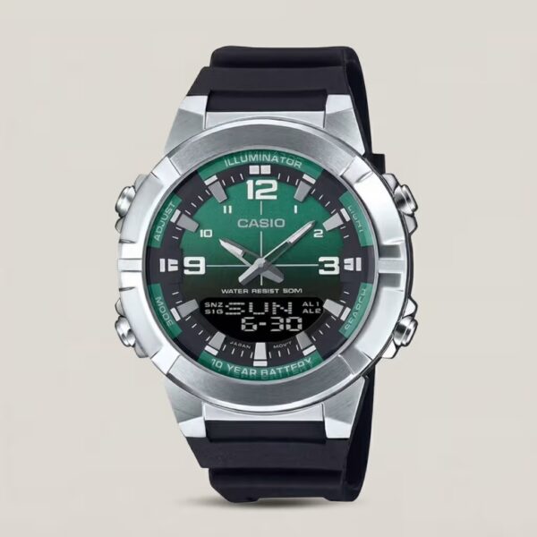 Casio AMW-870A-3AV analog-digital watch with green dial, stainless steel case, resin band, and world time functionality.