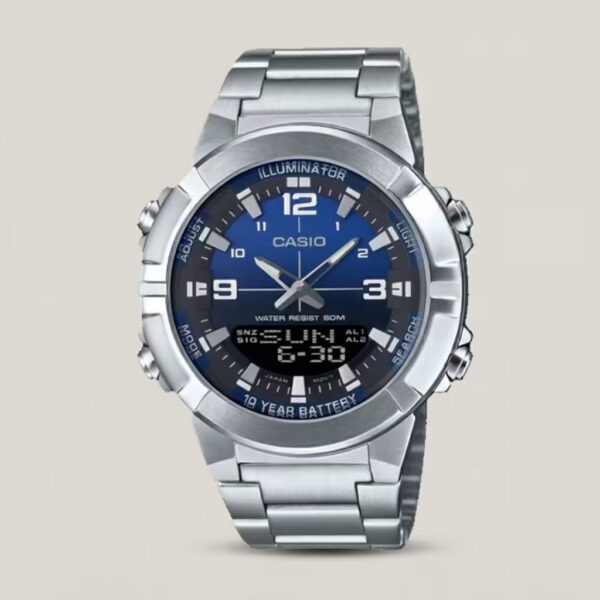 Casio AMW-870DA-2A1V analog-digital watch with stainless steel band, blue dial, world time, and Telememo contact memory.
