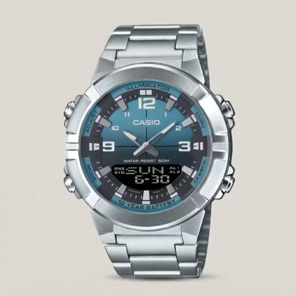 Casio AMW-870DA-2A2 analog-digital watch with deep blue dial, stainless steel band, world time, and Telememo contact memory.